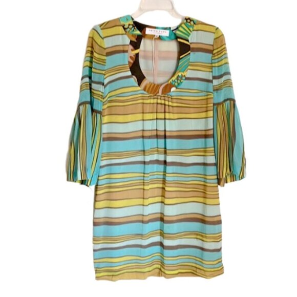 Trina Turk Silk Boho Striped Retro 60s 70s Brunch Wedding Guest Event Mini Dress - Picture 1 of 8